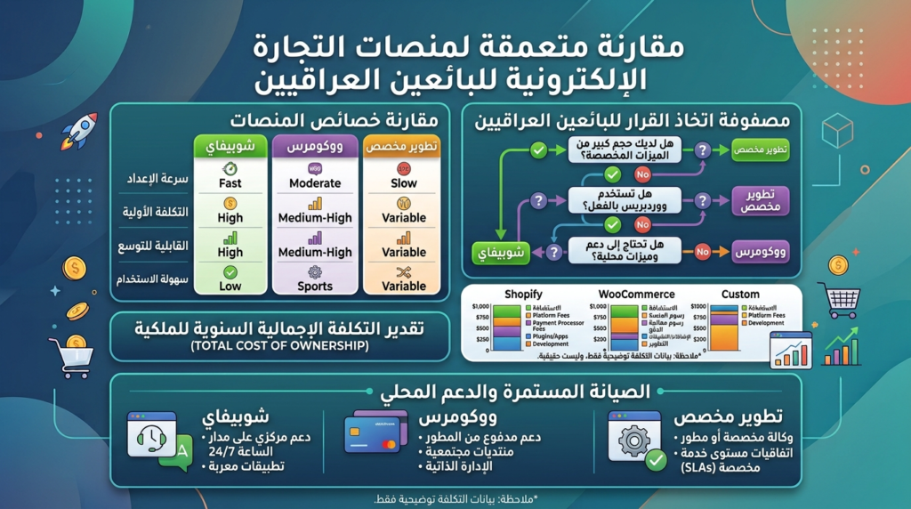 مقارنة منصات التجارة الإلكترونية: شوبيفاي مقابل وكوميرس مقابل المخصص