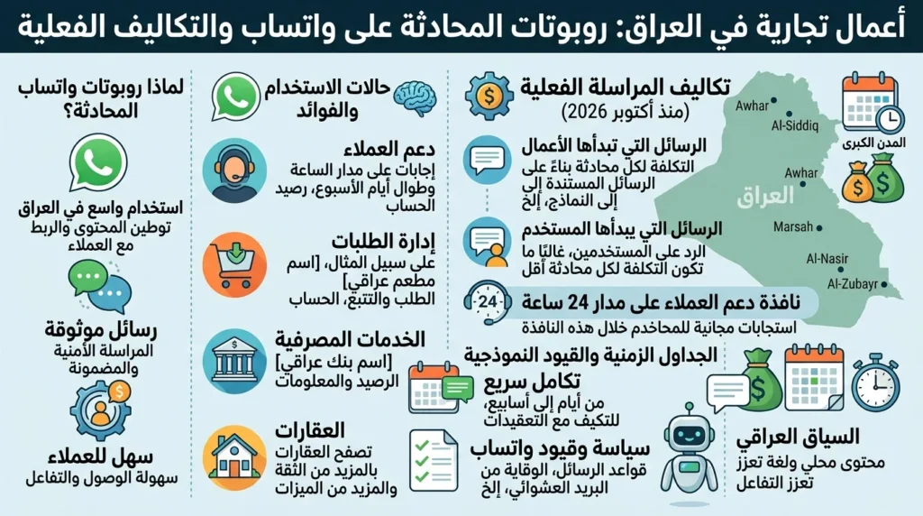 روبوت محادثة بالذكاء الاصطناعي في العراق: حالات الاستخدام وتكاليف واتساب الفعلية